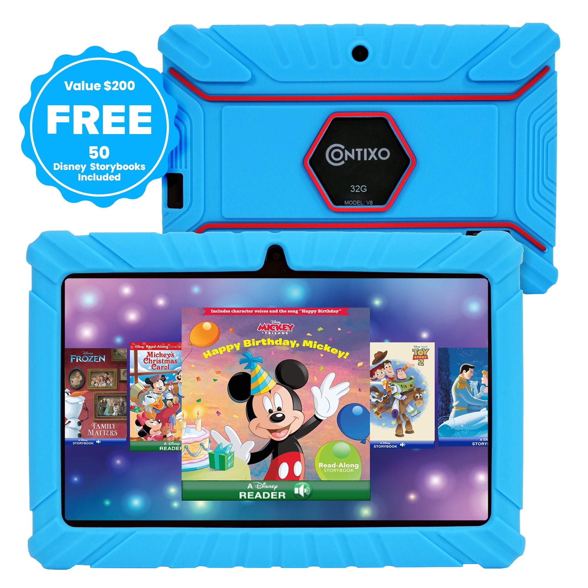 Contixo 7" Kids Tablet, Ages 3-7, 50+ Disney eBooks, Kid-Proof Case, Android Tablet, Parental Controls, 32GB - Blue